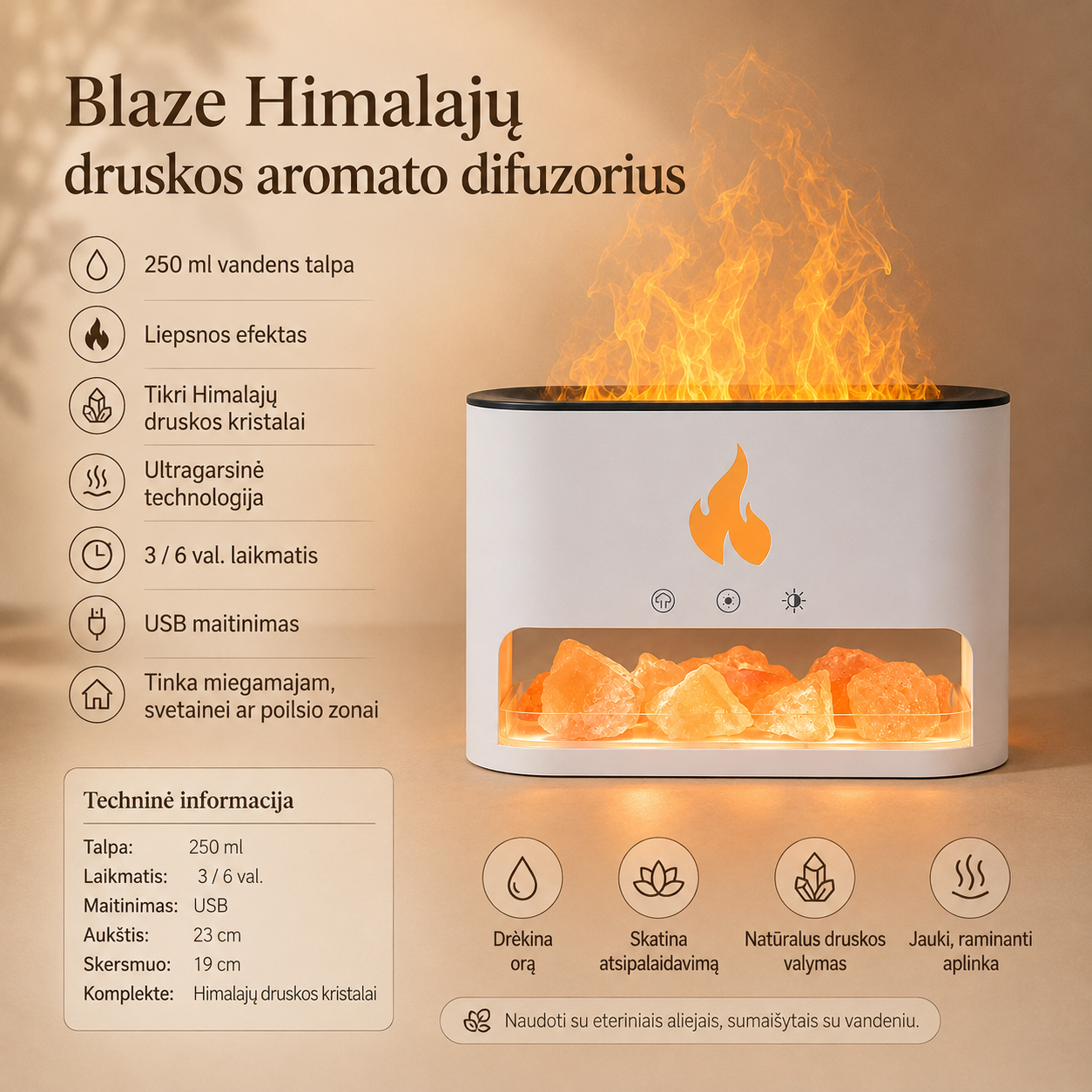 Blaze Himalajų druskos aromato difuzorius su liepsnos efektu