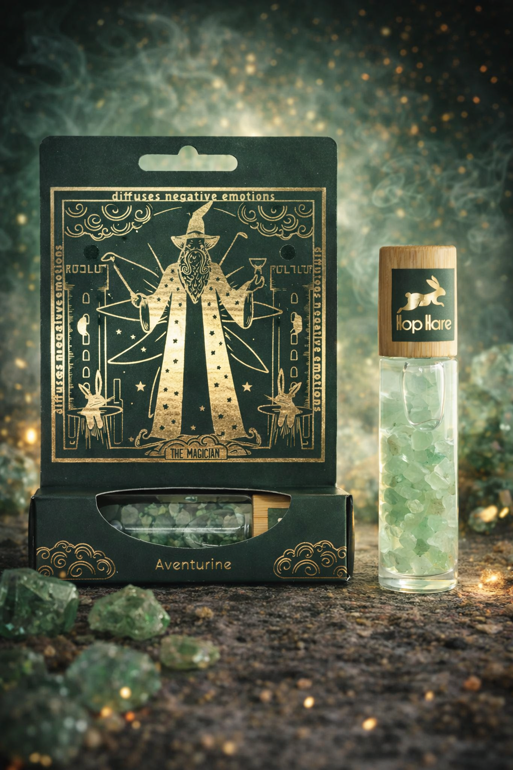 Ritualinis aliejus su kristalu – MAGAS (Žaliasis aventurinas) 10 ml