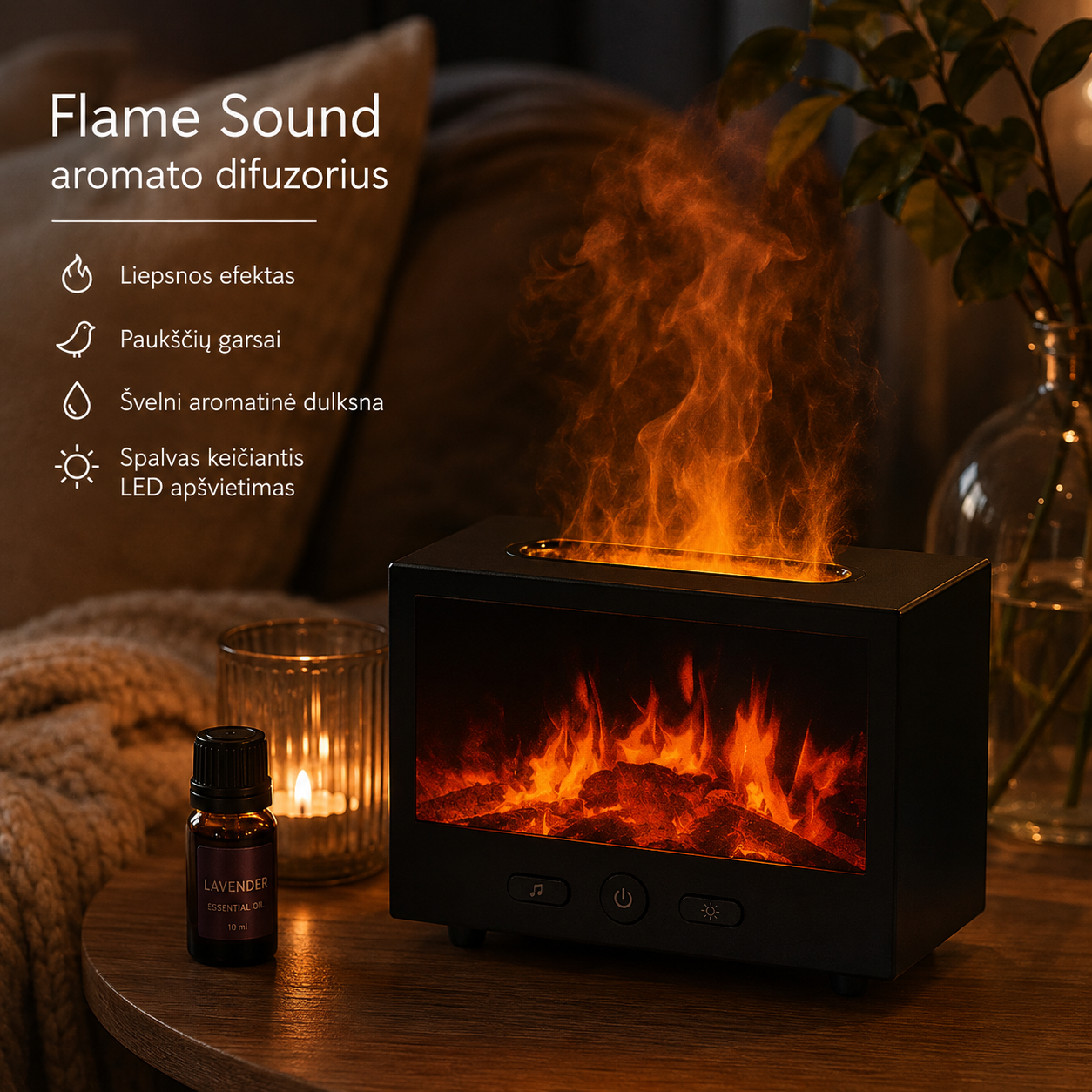Flame Sound aromato difuzorius su liepsnos efektu ir gamtos garsais