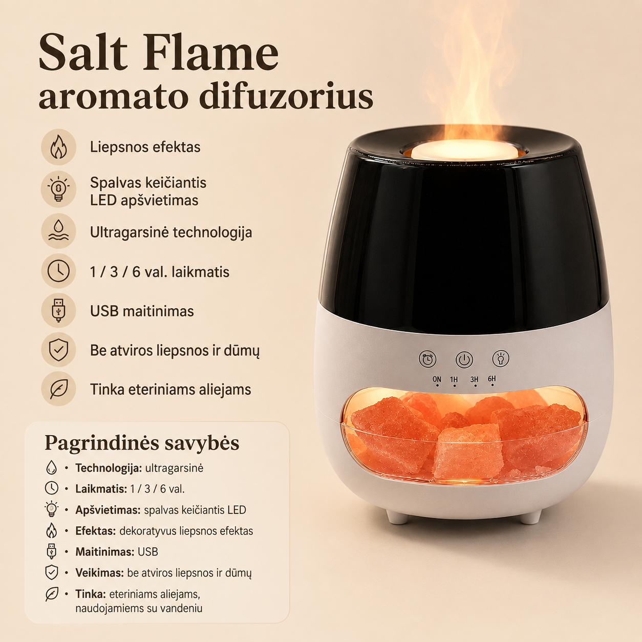 Salt Flame aromato difuzorius su Himalajų druska ir liepsnos efektu