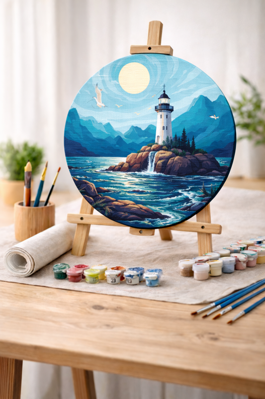 Paint by numbers – round: LIGHTHOUSE ⌀ 26 cm
