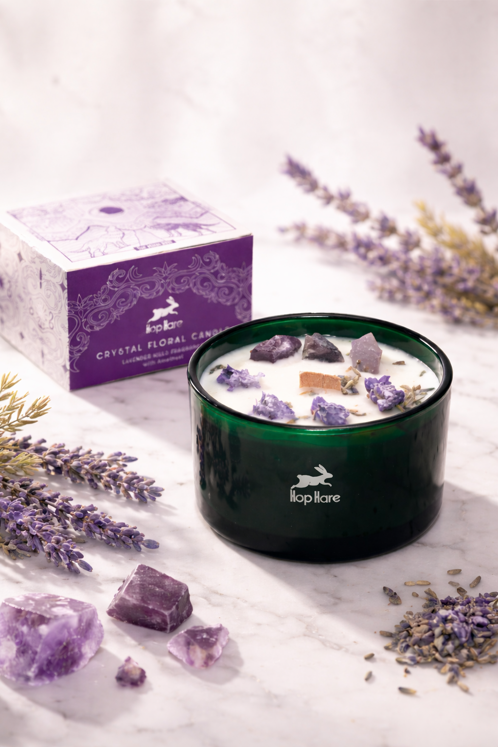 KUU · Soijavahakynttilä ametistikristalleilla