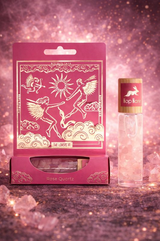 Ritualinis aliejus su kristalu – ĮSIMYLĖJALIAI (Rožinis kvarcas) 10 ml