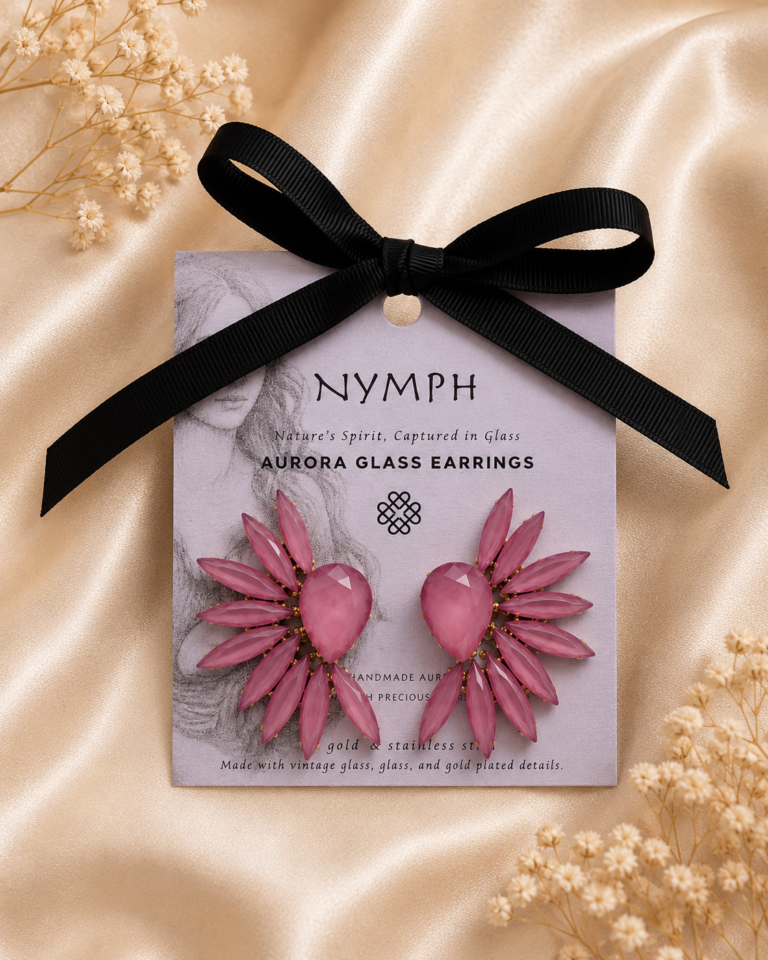 Vintažiniai stiklo auskarai „Angel Wings“ ✨- Rose Quartz