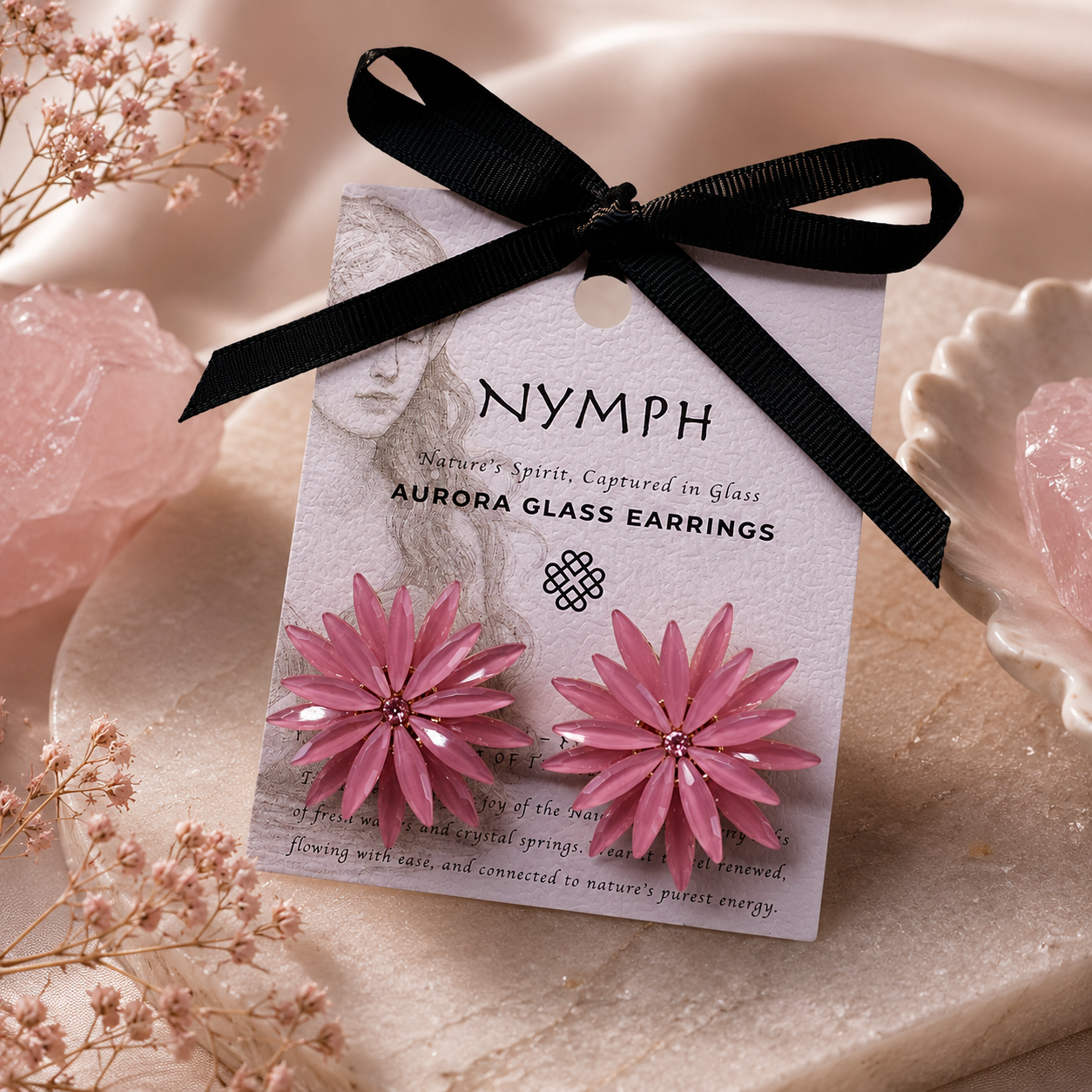 Vintažiniai stiklo auskarai „Flowers“ ✨- Rose Quartz