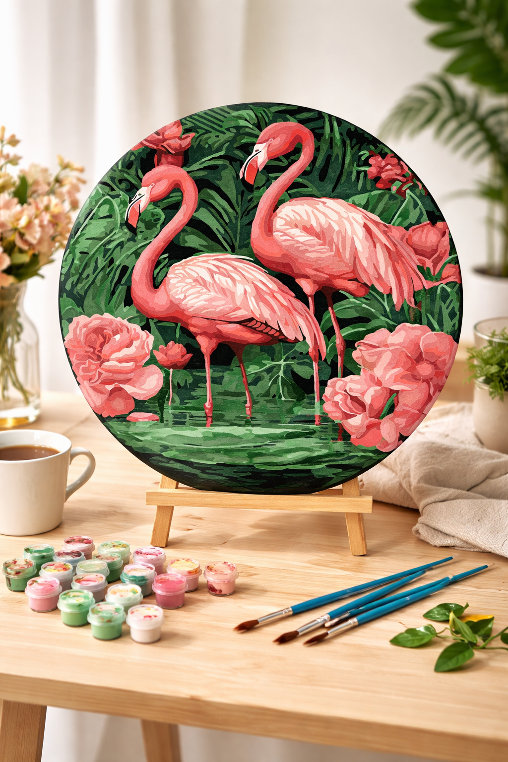 Tapyba pagal skaičius - apvalus: ROŽINIAI FLAMINGAI ⌀ 39 cm