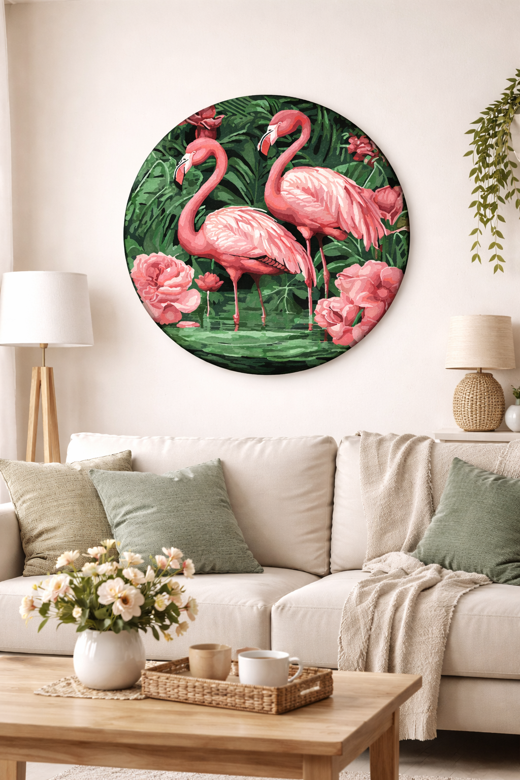 Tapyba pagal skaičius - apvalus: ROŽINIAI FLAMINGAI ⌀ 39 cm