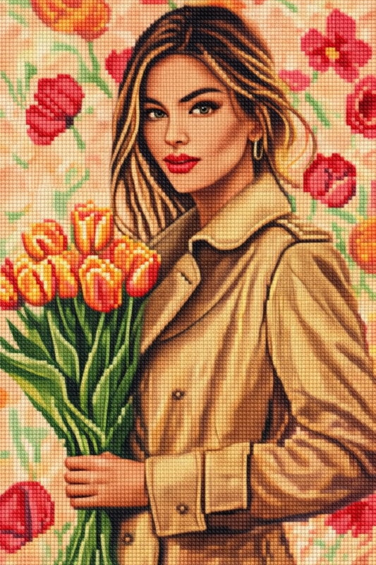 Deimantinė mozaika: MERGINA SU TULPĖMIS 30x40 cm