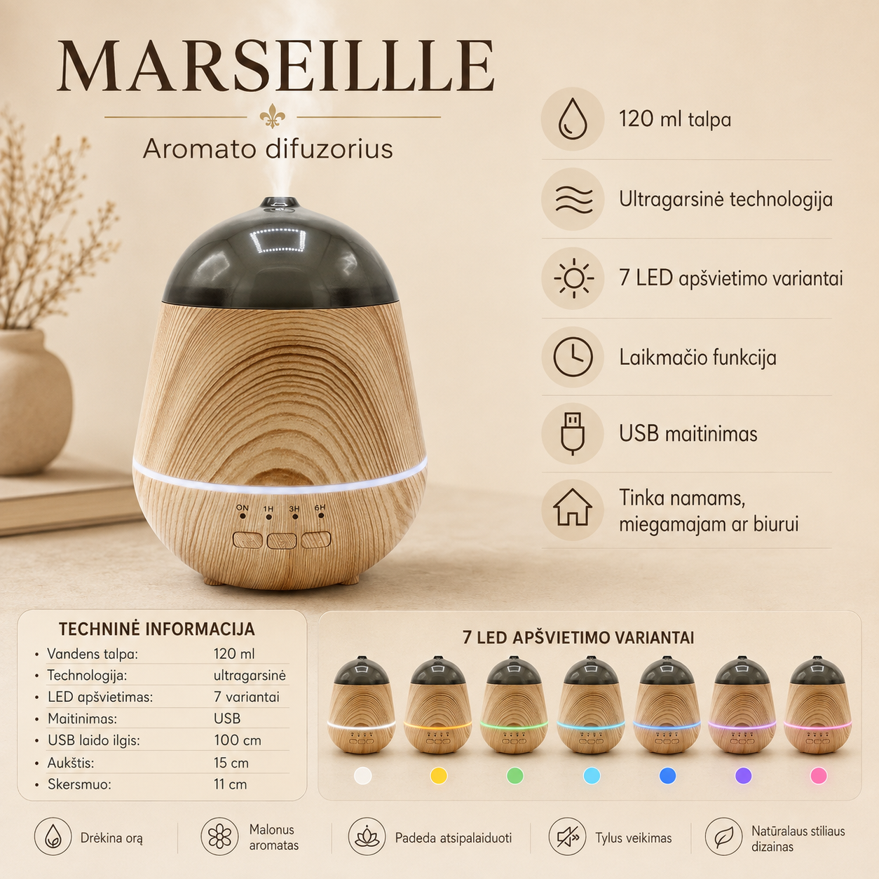 Marseille aromato difuzorius su LED apšvietimu ir laikmačiu