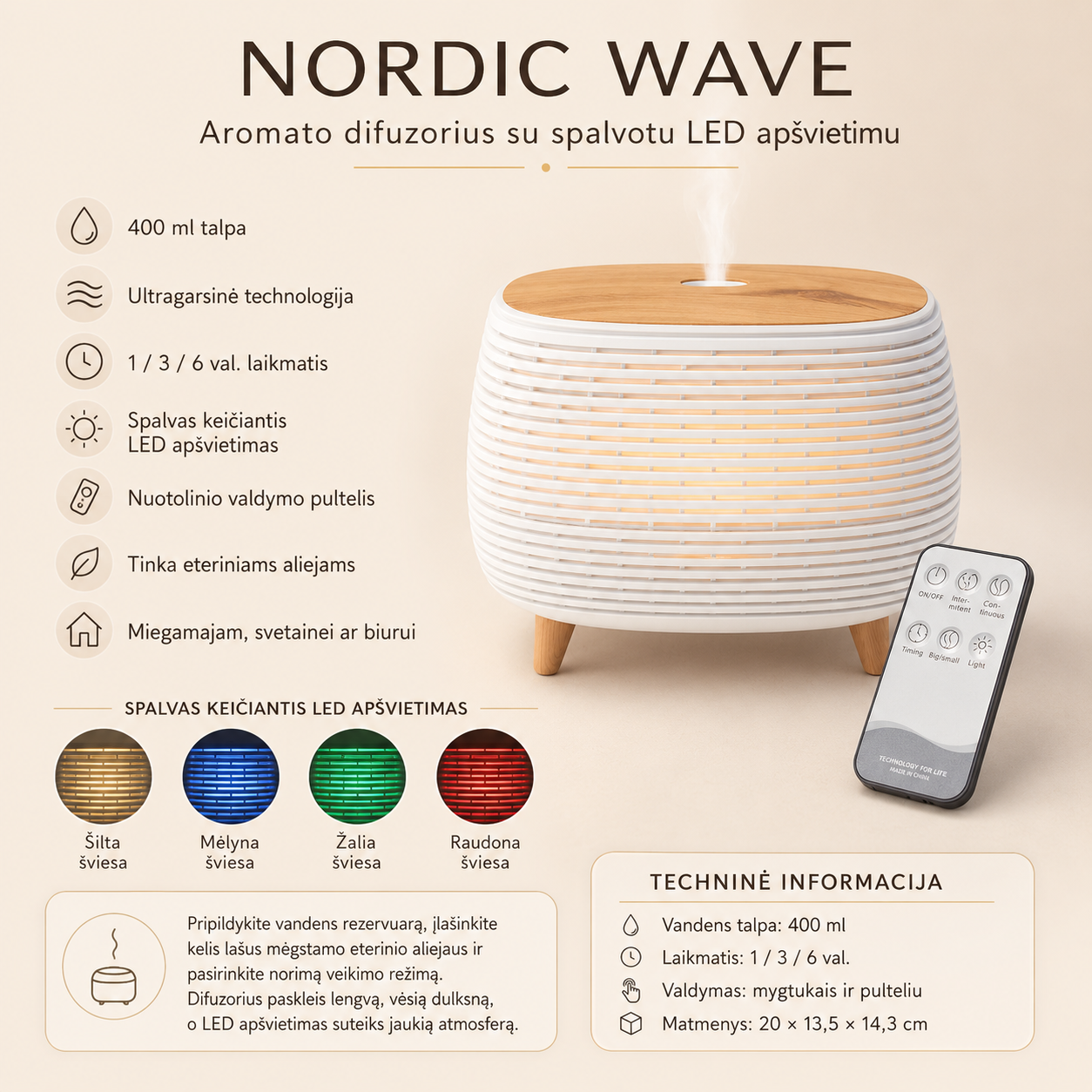 Nordic Wave aromato difuzorius su spalvotu LED apšvietimu