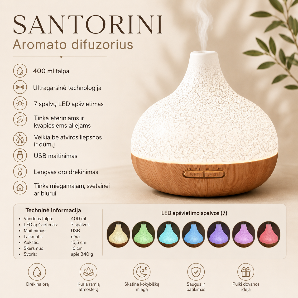 Santorini aromato difuzorius su keramikos efektu ir LED apšvietimu