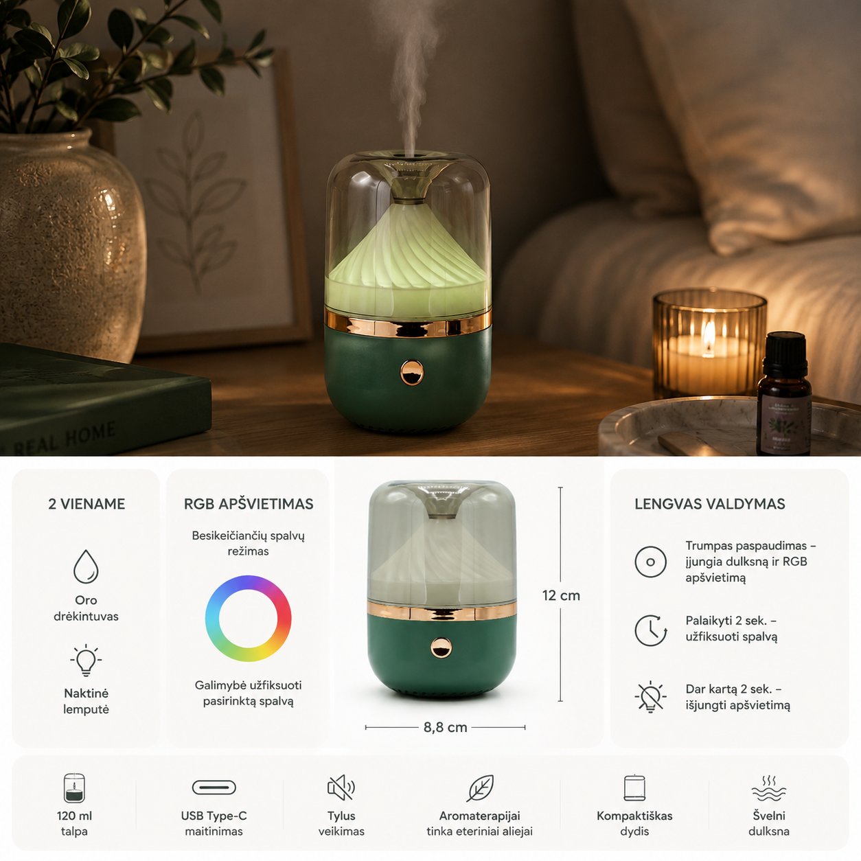 Urban Green aromato difuzorius – žalias su bronzos detalėmis