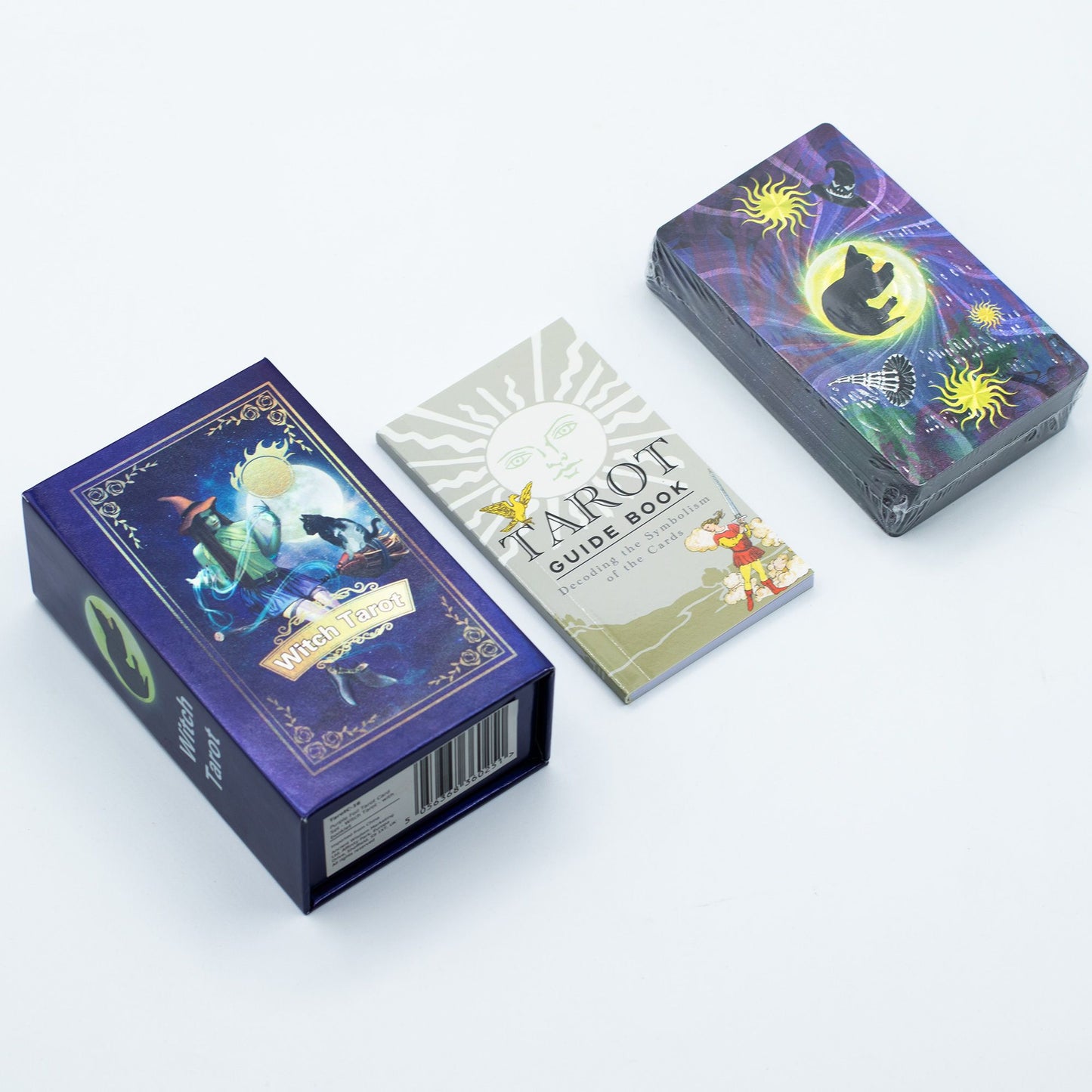 Taro kortos „Witch Tarot“ su violetine folija ir knygele